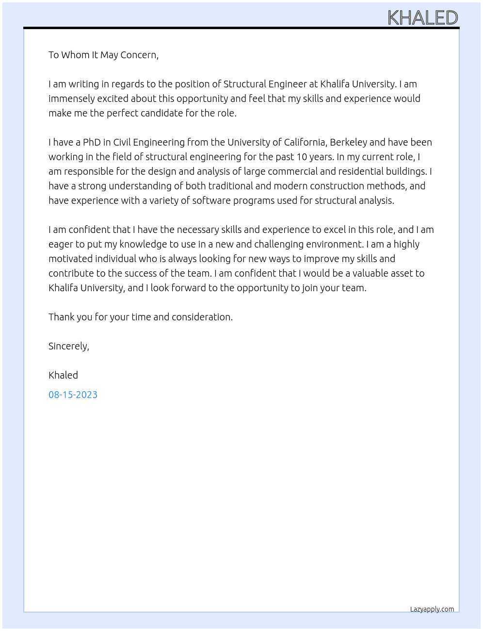 Structural engineering At KHALIFA UNIVERSITY Cover Letter
