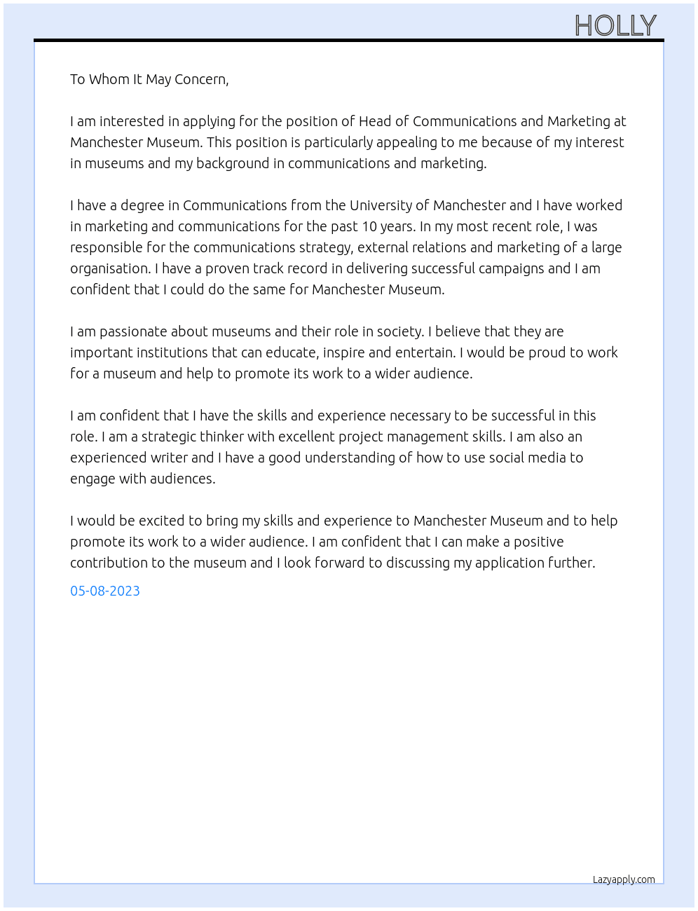 head of communcations and marketing  At manchester museum  Cover Letter