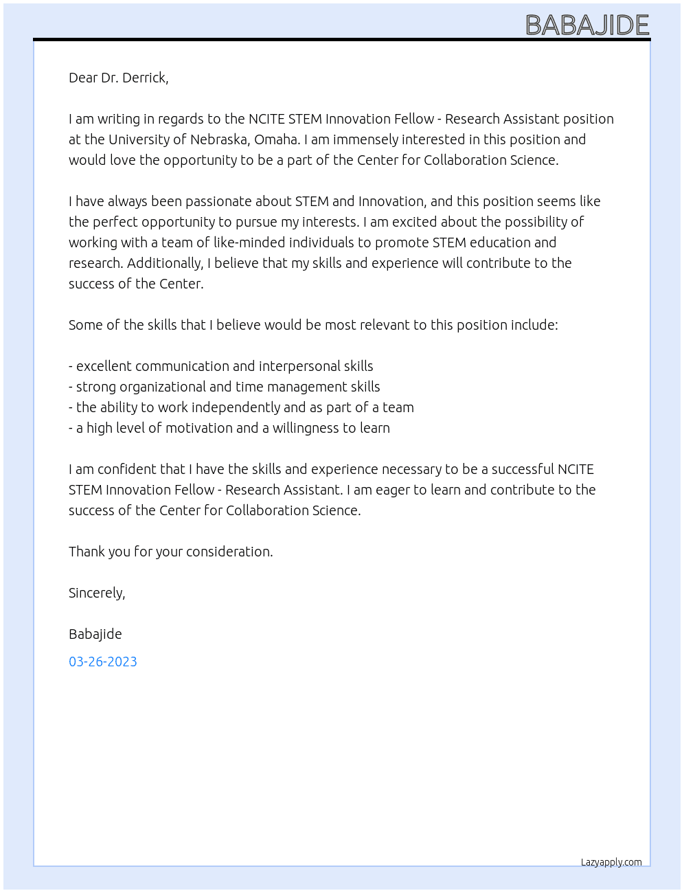 NCITE STEM Innovation Fellow - Research Assistant At University of Nebraska, Omaha Cover Letter