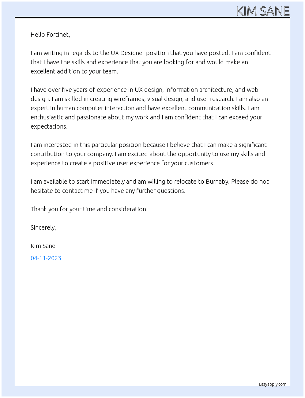 UX Designer At Fortinet Cover Letter