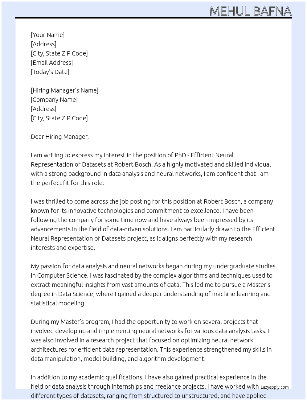 PhD - Efficient Neural Representation of Datasets At Robert Bosch Cover Letter