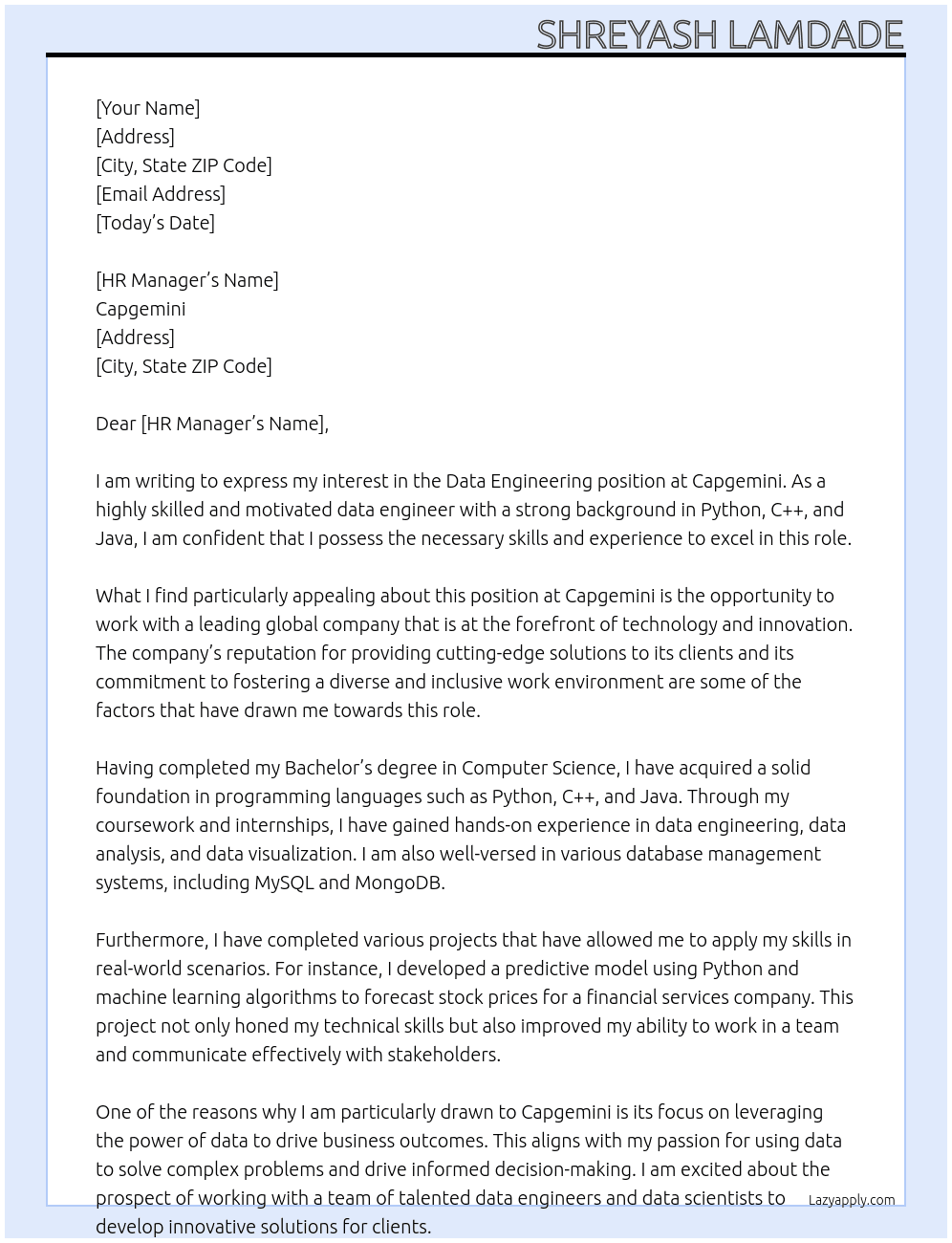 Data engineering At Capgemini Cover Letter
