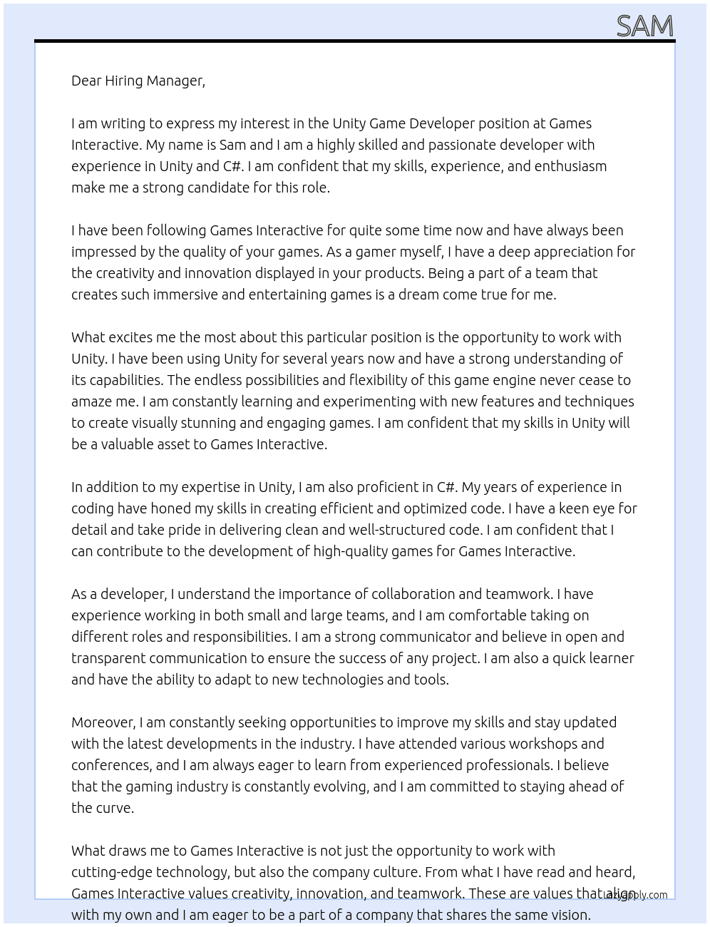 Unity Game Developer At Games Interactive Cover Letter