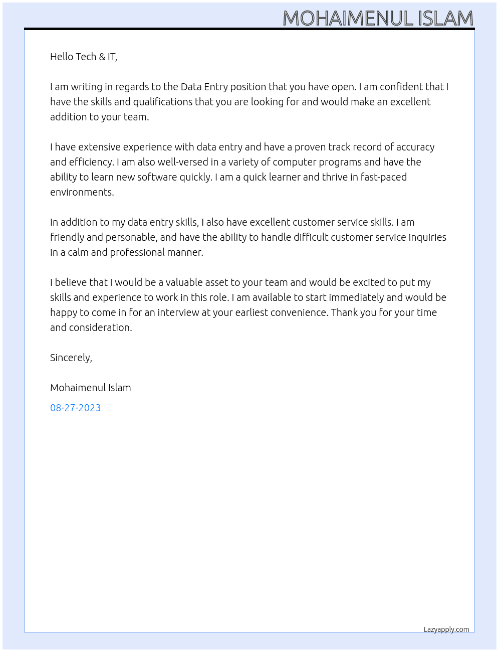 Data Entry At Tech & IT  Cover Letter