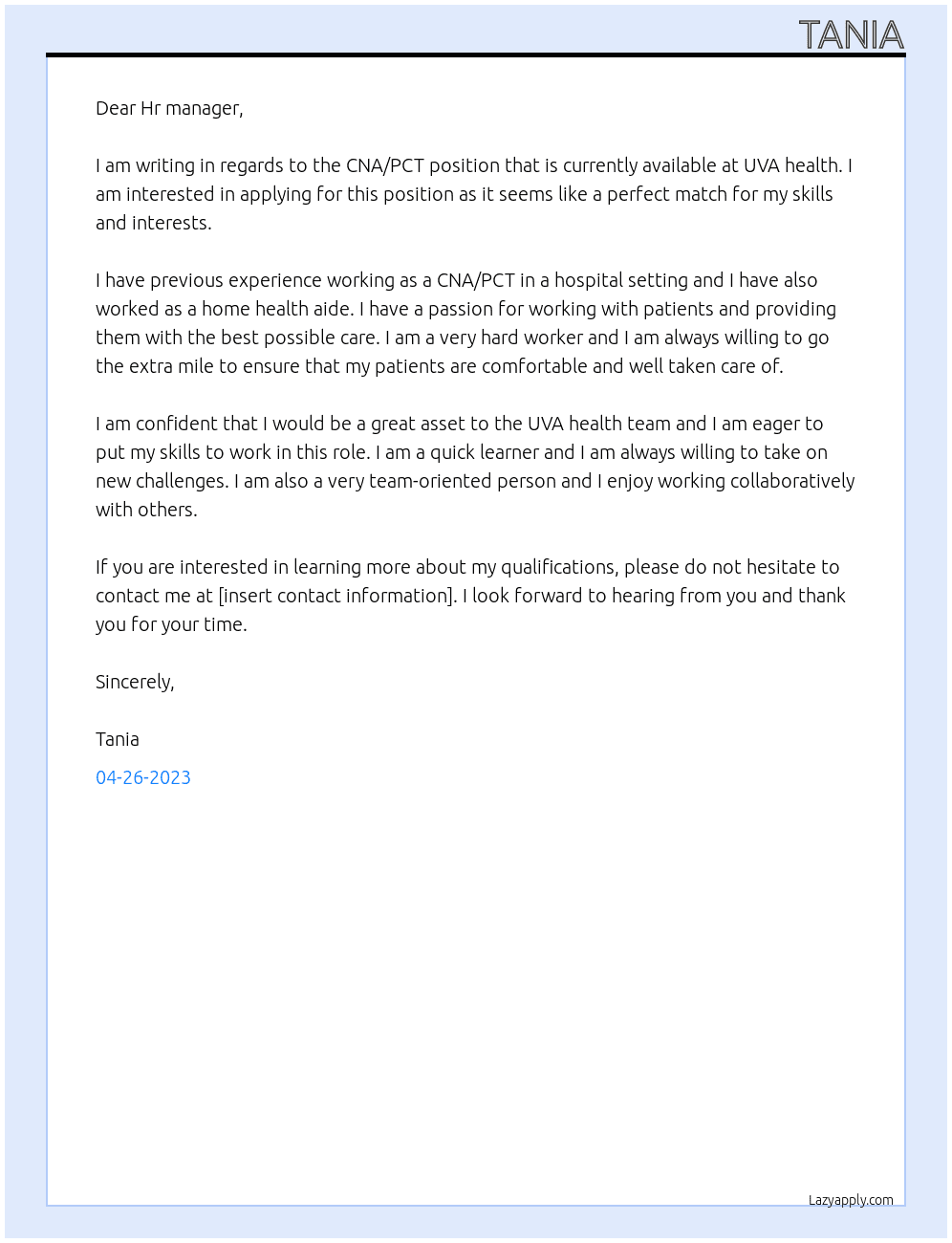CNA/PCT  At UVA health Cover Letter