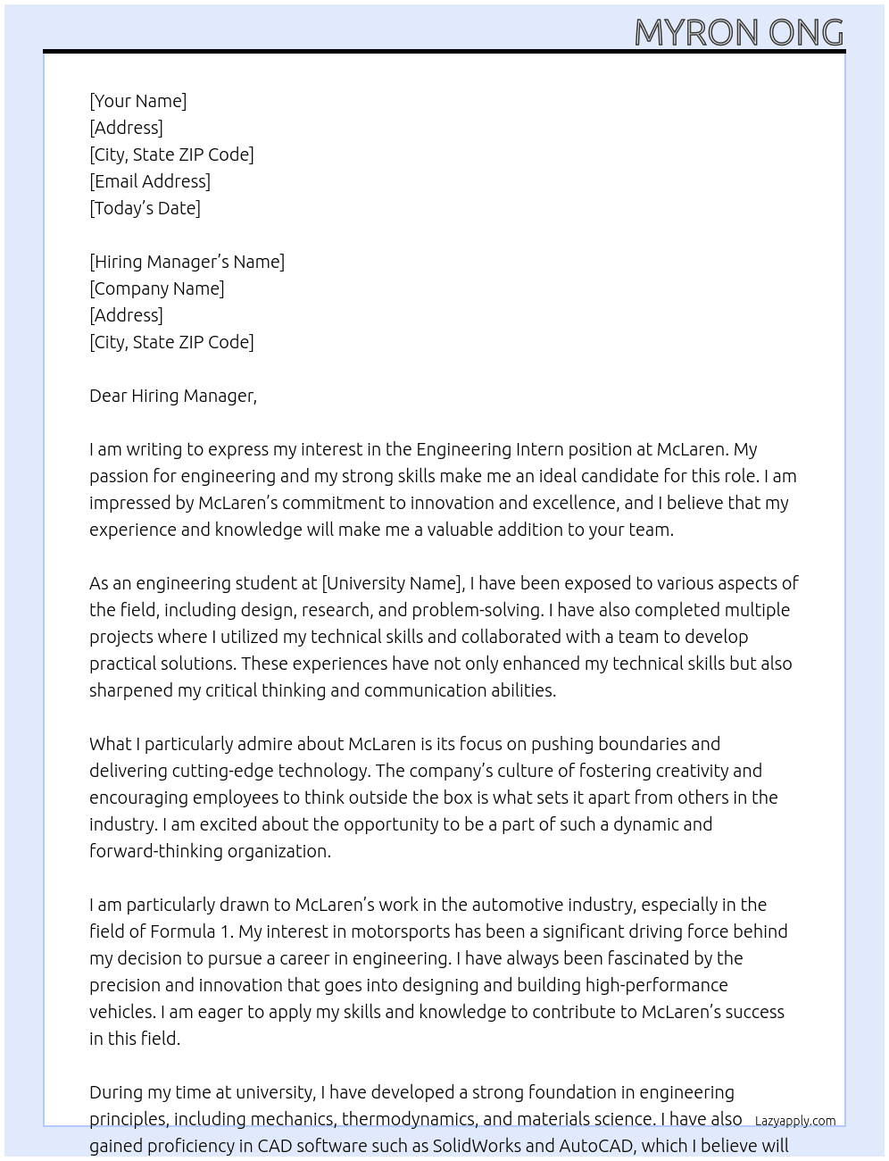 Engineering Intern At McLaren Cover Letter