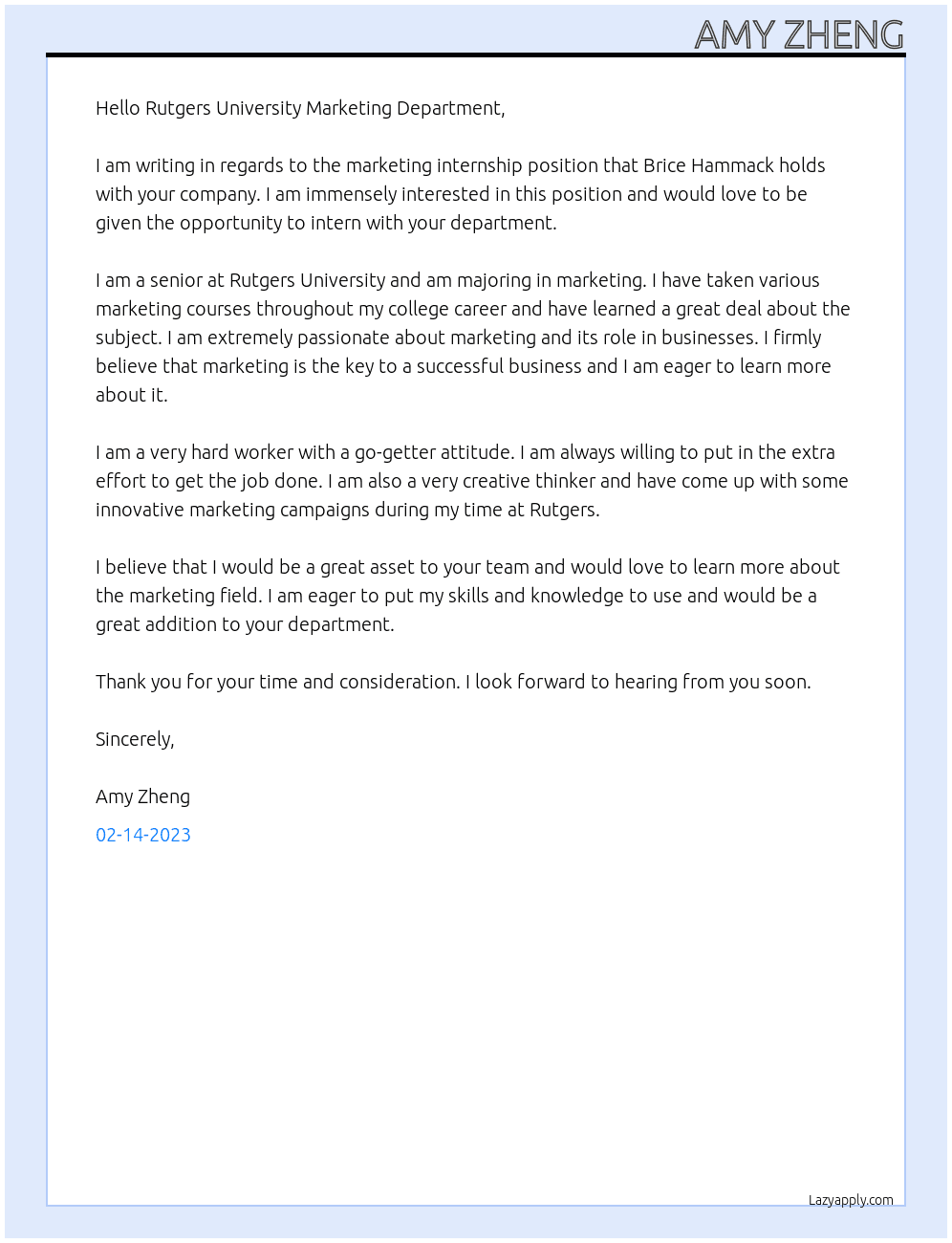 marketing intern At Rutgers University Marketing Department Cover Letter