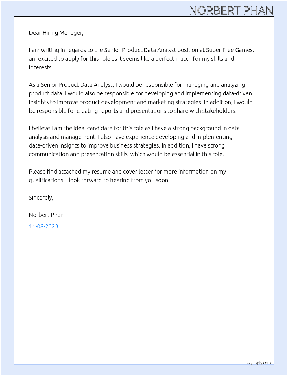 senior product data analyst At Super Free Games Cover Letter