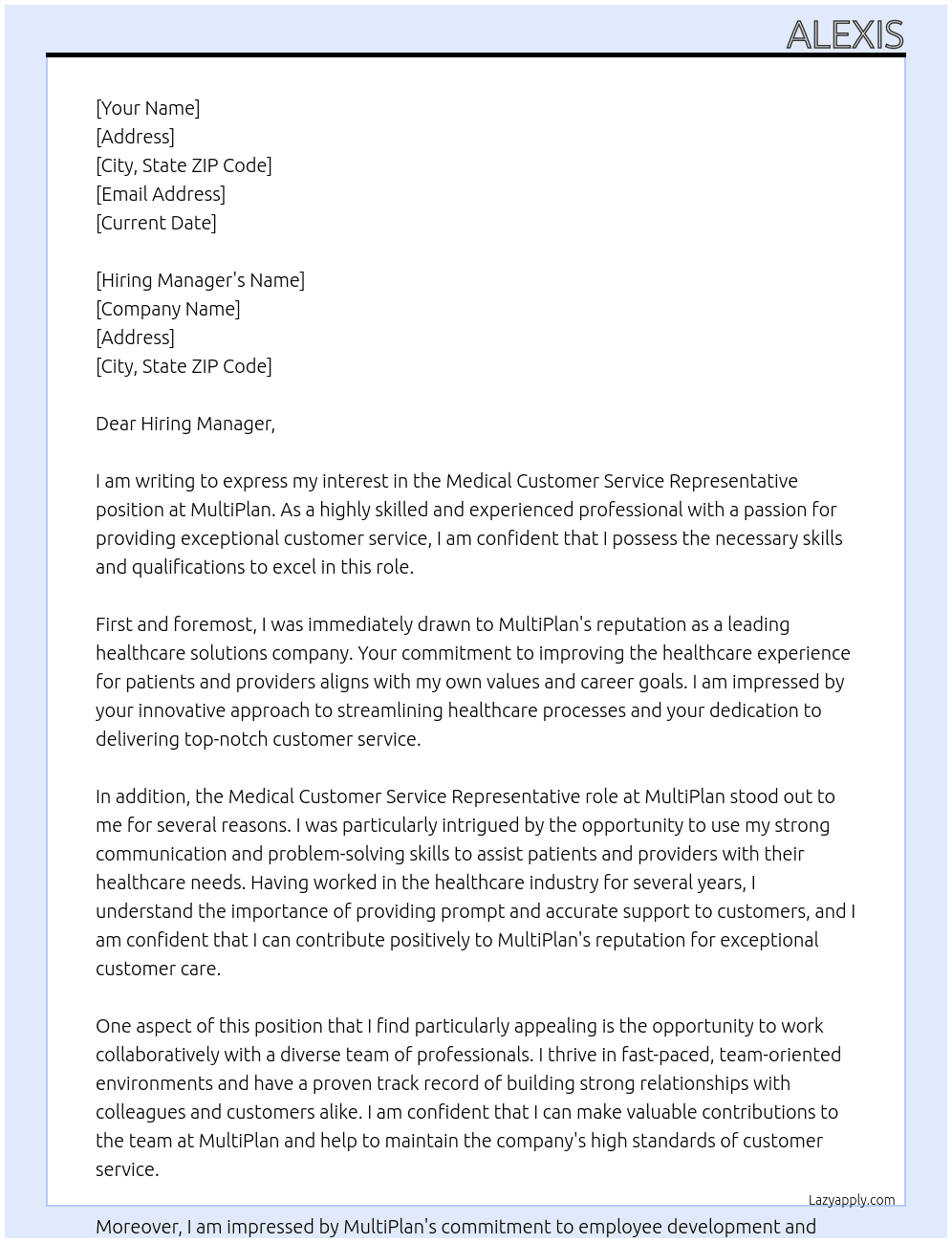 Medical Customer Service Representative At MultiPlan Cover Letter