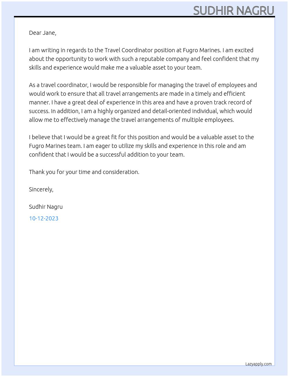 Travel Coordinator At Fugro Marines Cover Letter