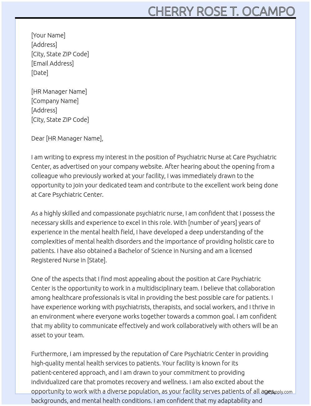 Psychiatric nurse At Care psychiatric center Cover Letter