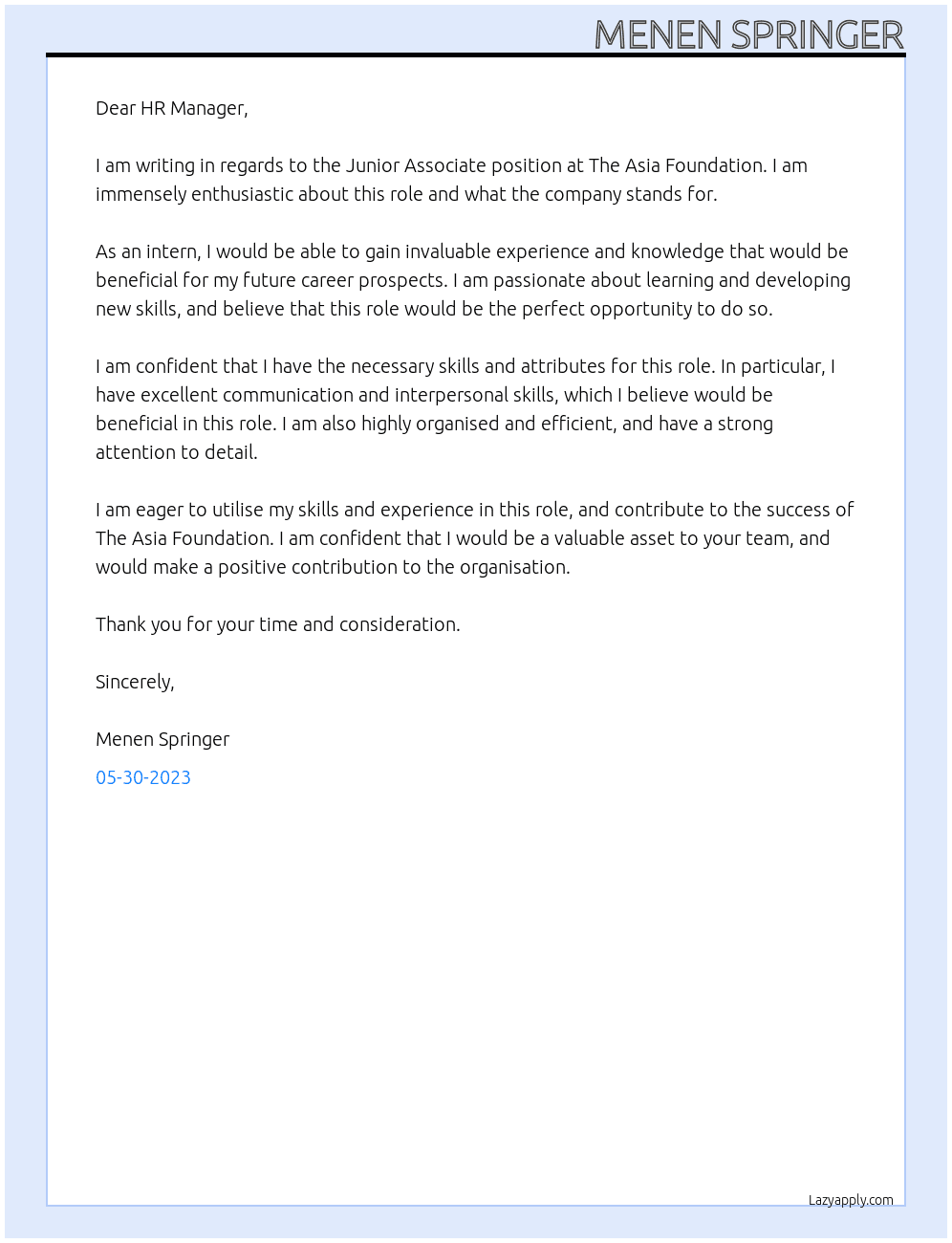 Junior Associate At The Asia Foundation Cover Letter