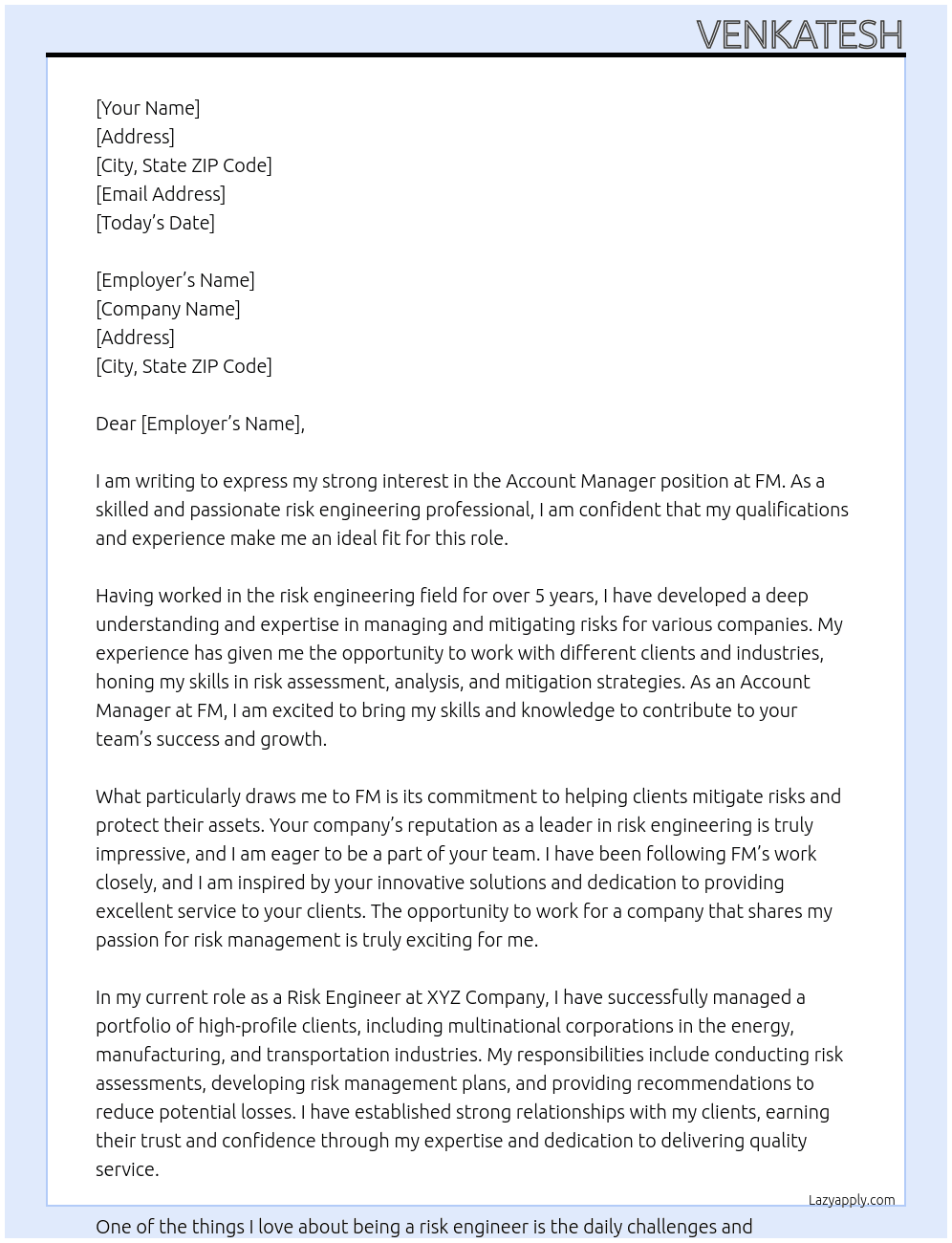 account manager At FM  Cover Letter