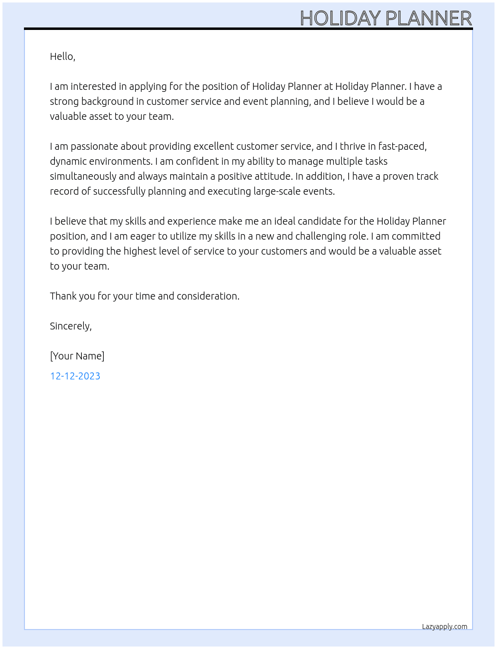 Holiday Planner At Holiday Planner Cover Letter