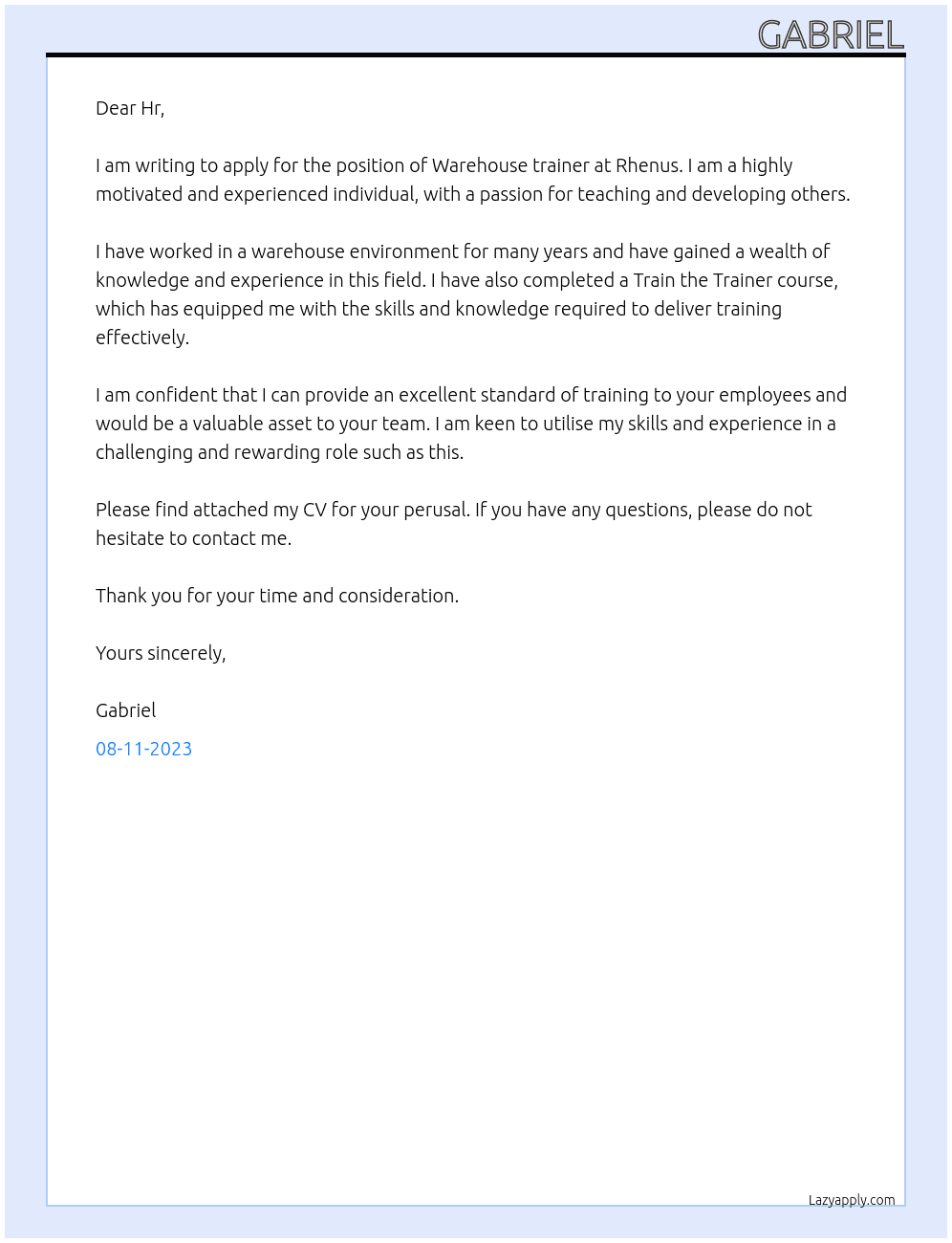 Warehouse trainer At Rhenus Cover Letter