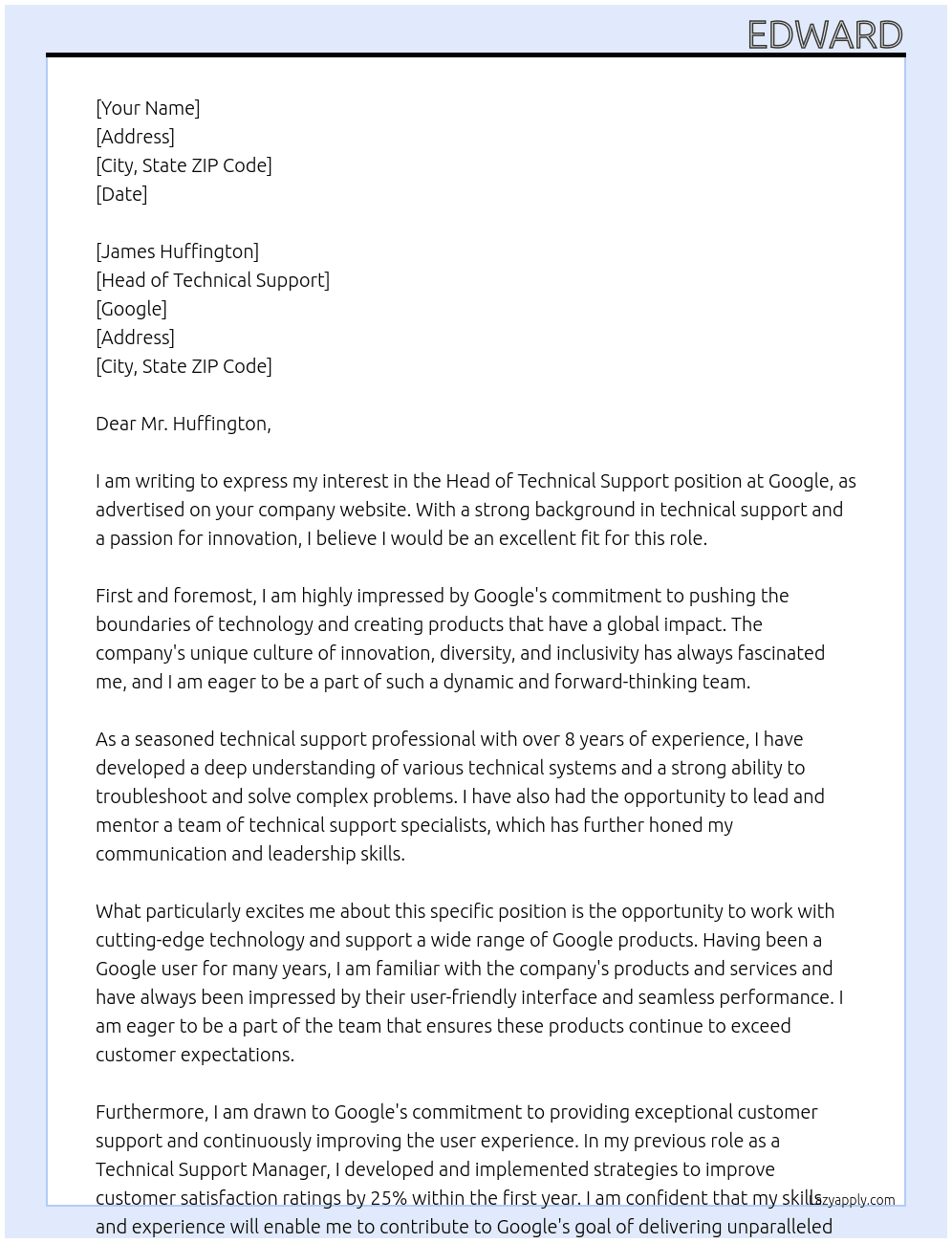 Cover letter for head of technical support - LazyApply
