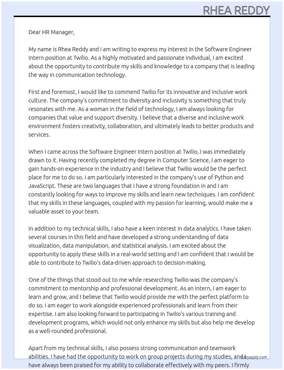 Software Engineer Intern At Twilio  Cover Letter