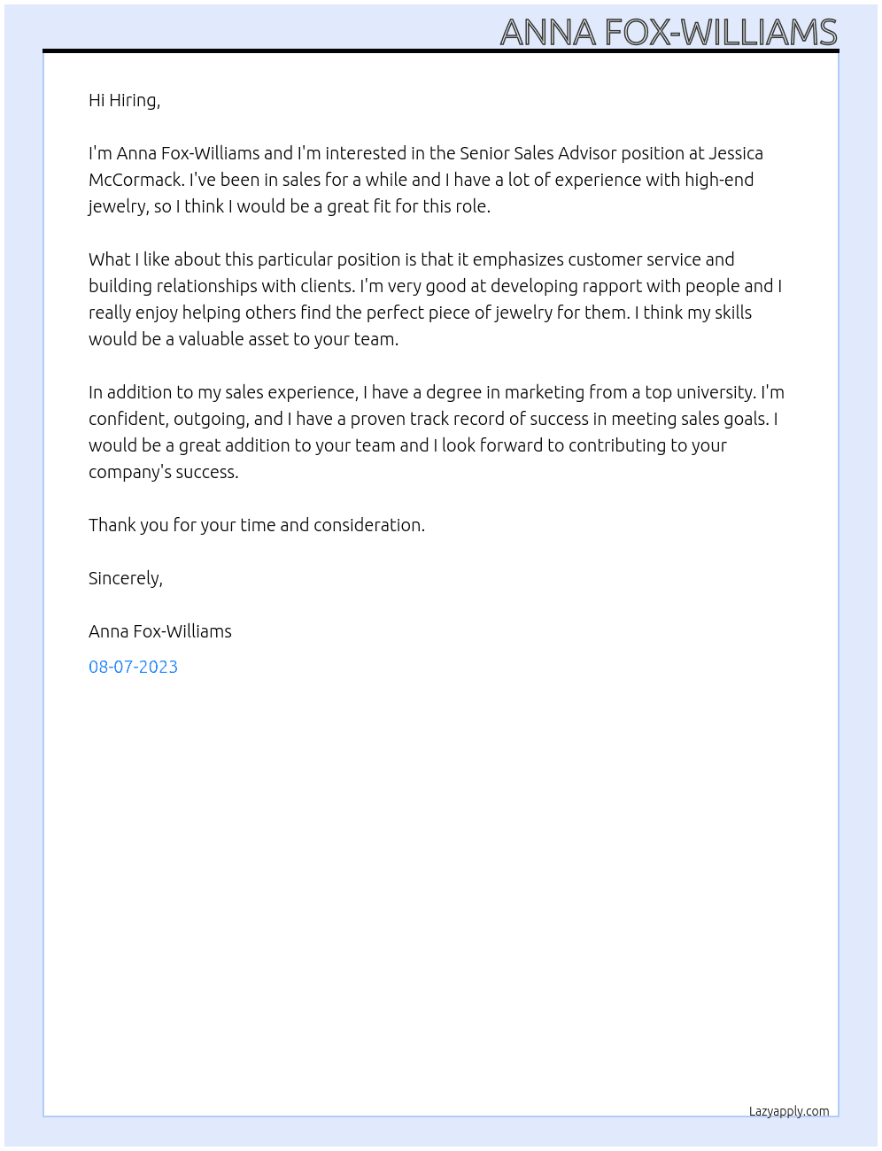 Senior Sales Advisor At Jessica McCormack Cover Letter