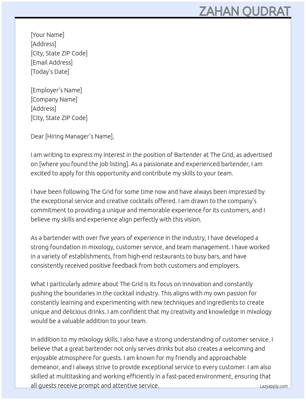 Bartender At The grid Cover Letter