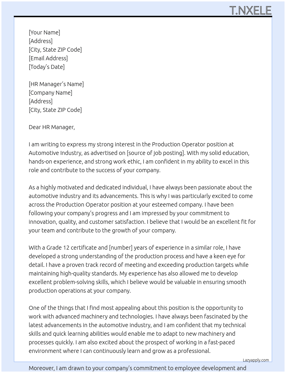 Production Operator  At Automotive industry  Cover Letter