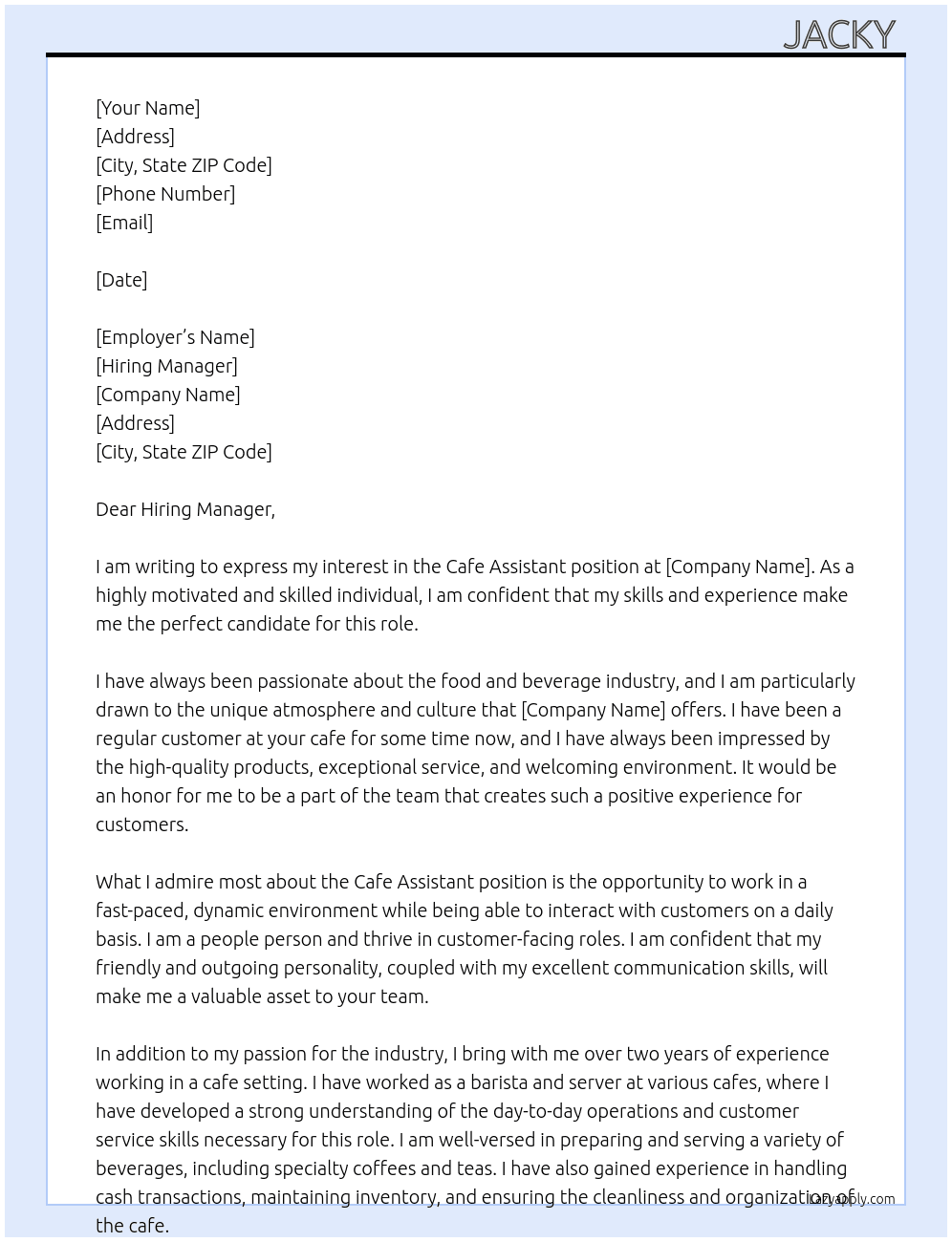 Cafe assistant  At Cafe Cover Letter