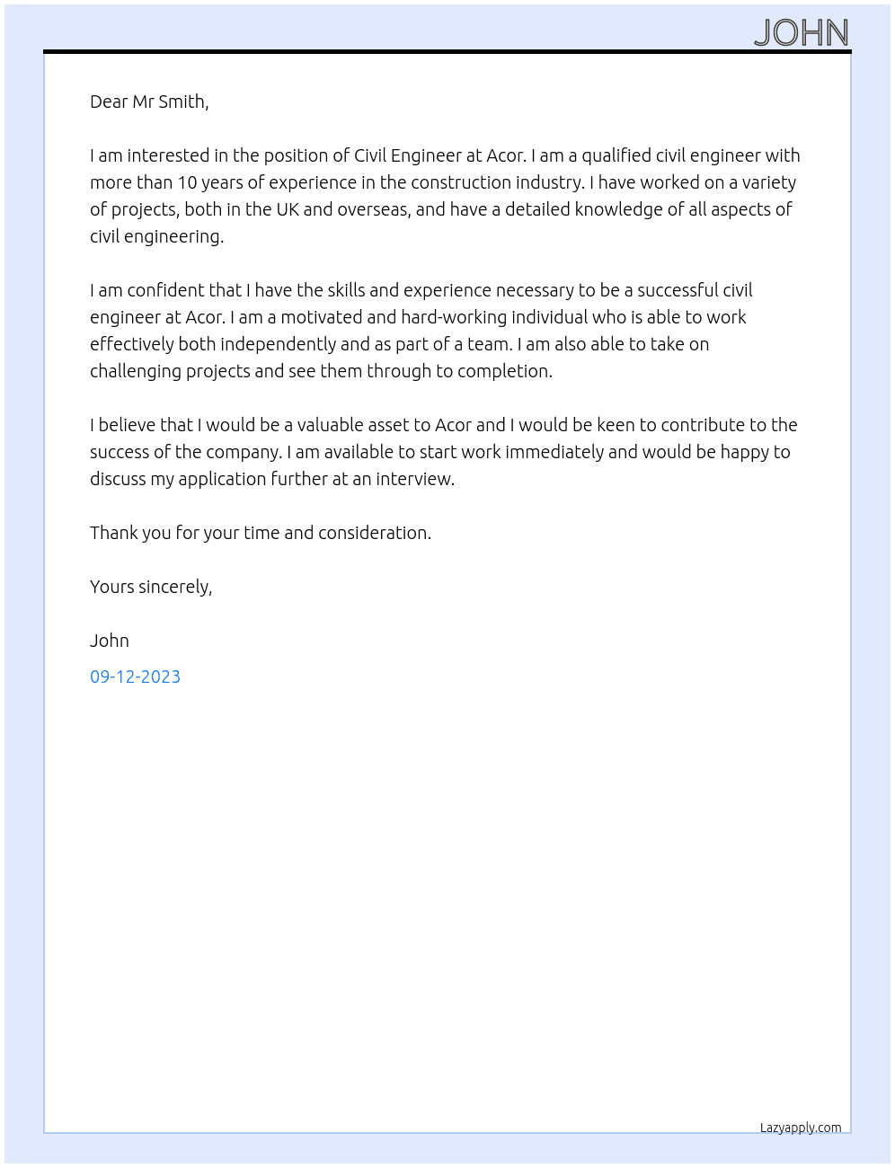 Civil Engineer At Acor Cover Letter