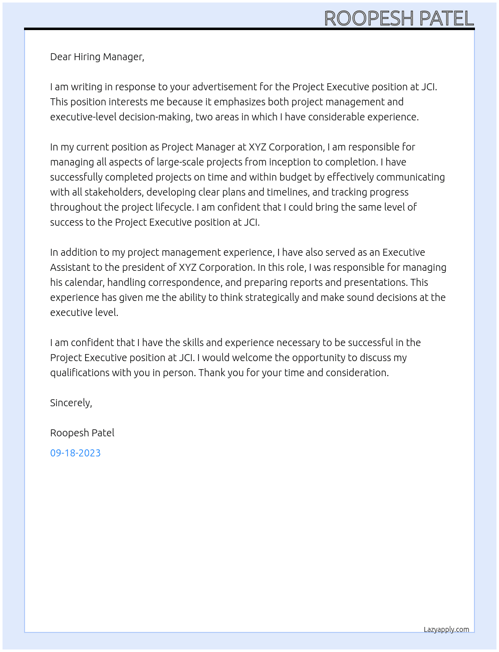 Project Executive At JCI Cover Letter