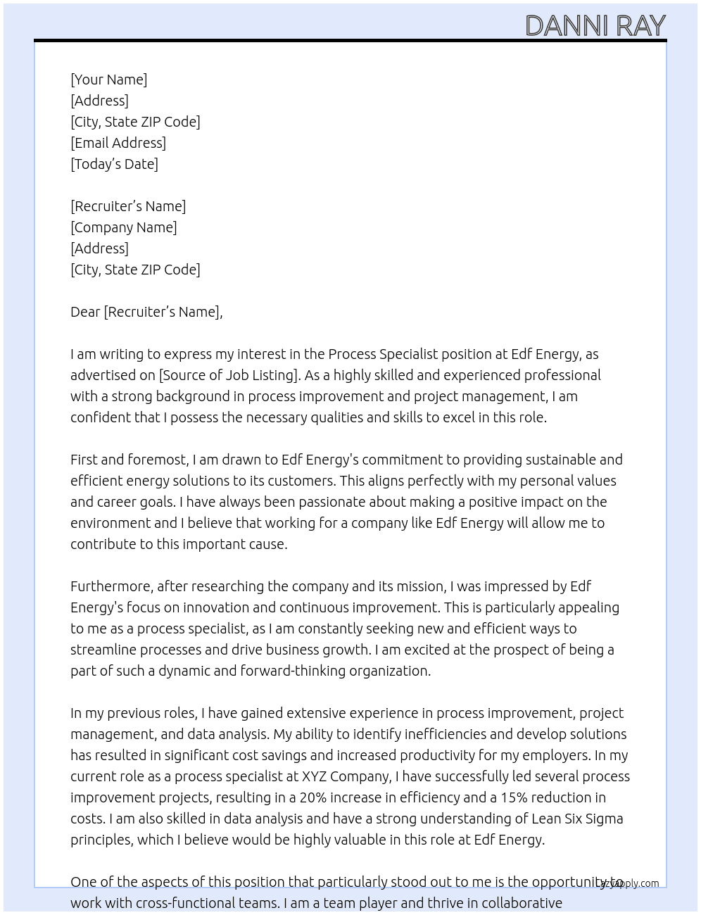 Process Specialist At Edf Energy Cover Letter