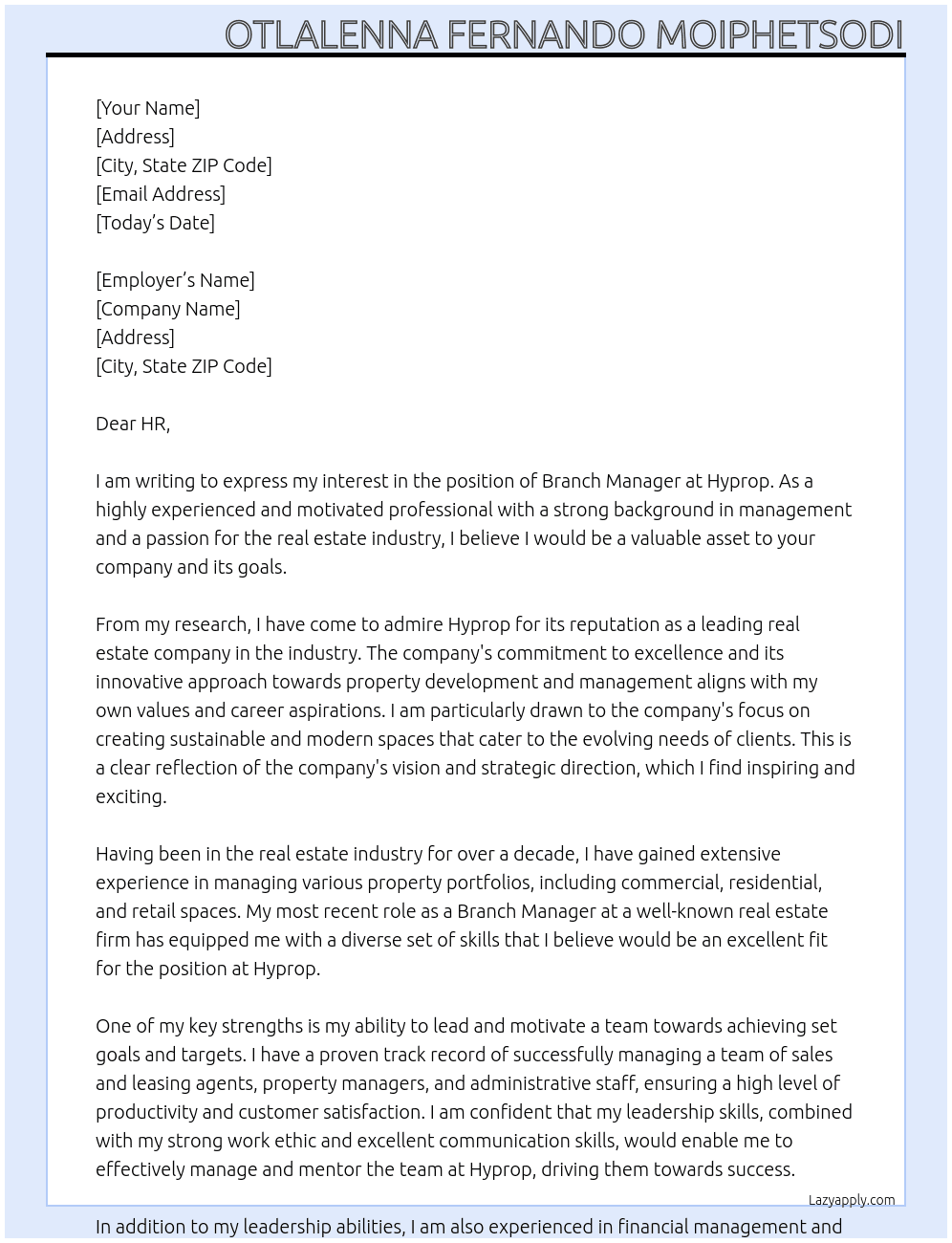branch manager At Hyprop Cover Letter