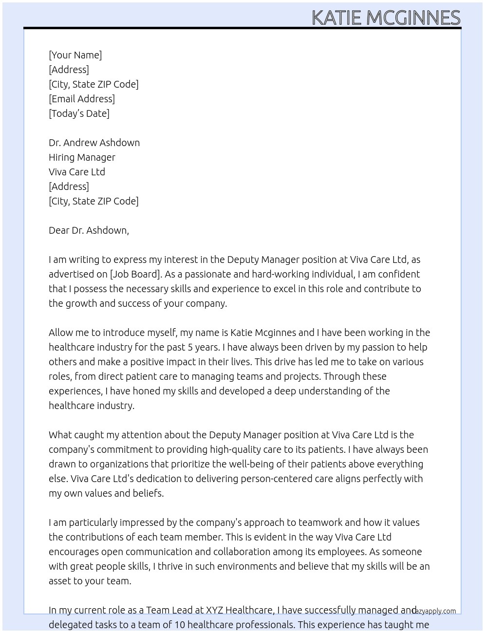 Deputy manager  At Viva care ltd Cover Letter