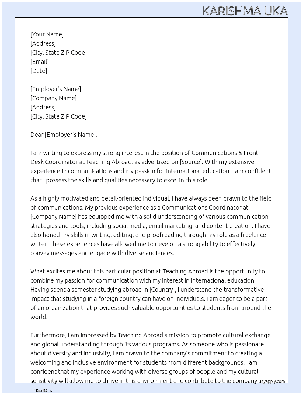 Communications & Front Desk Coordinator At Teaching Abroad Cover Letter