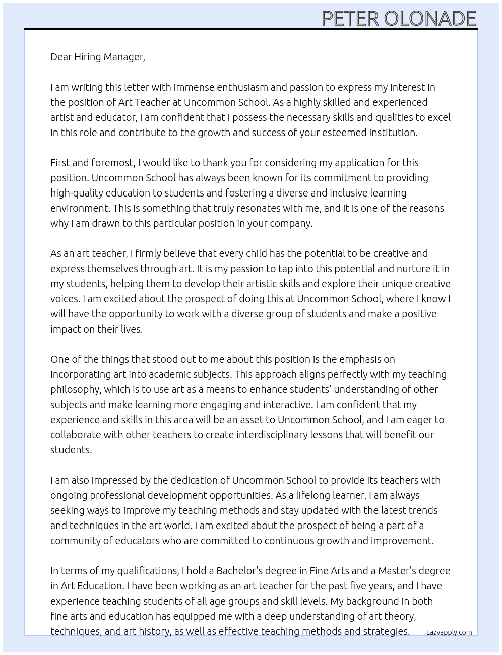 Art Teacher  At uncommon school Cover Letter