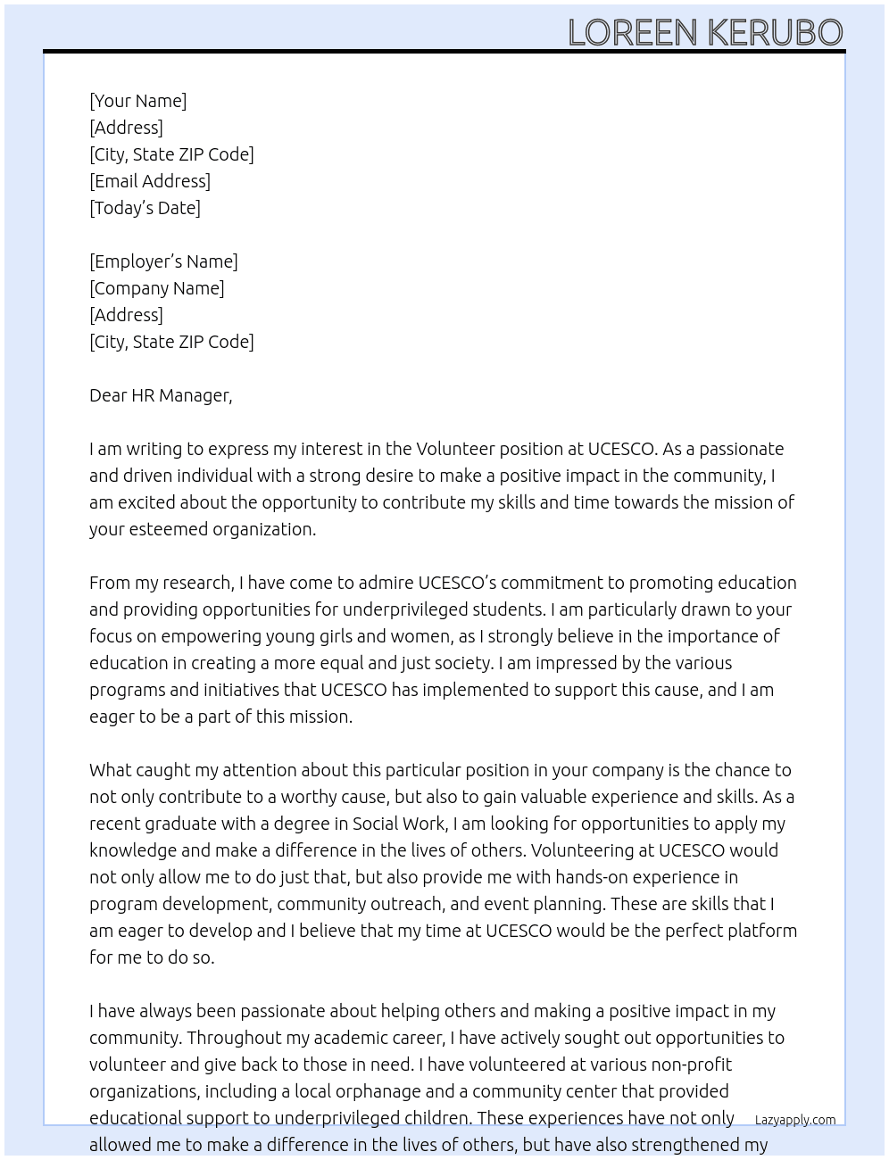 Volunteer  At UCESCO Cover Letter