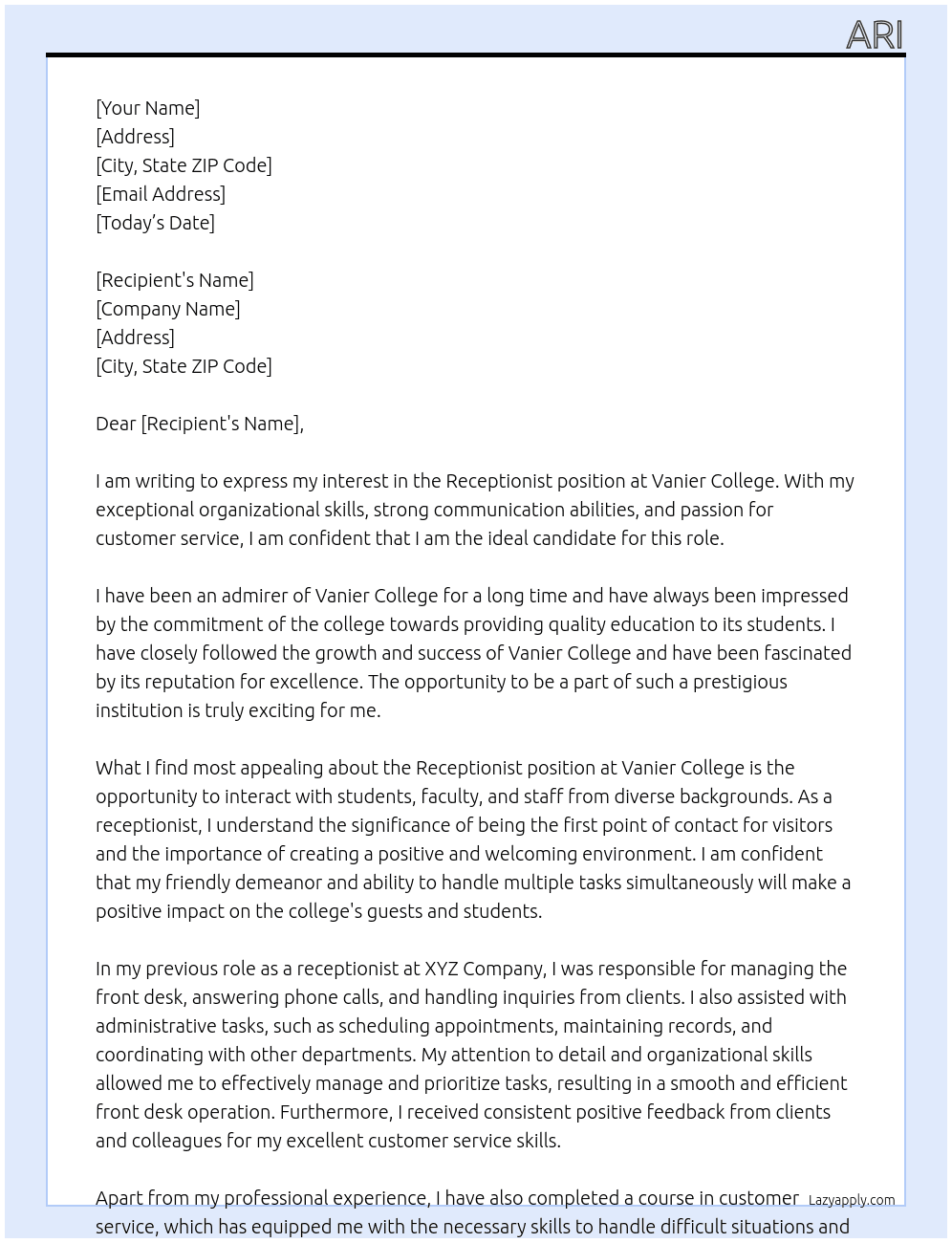 Receptionist At Vanier college Cover Letter