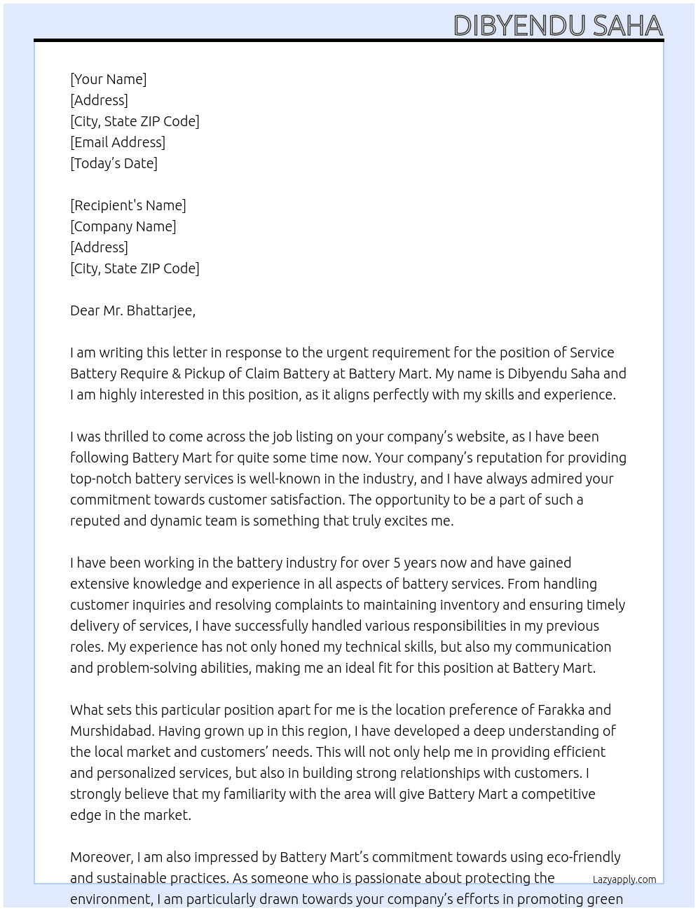 Service Battery Require & Pickup of Claim Battery At Battery Mart Cover Letter