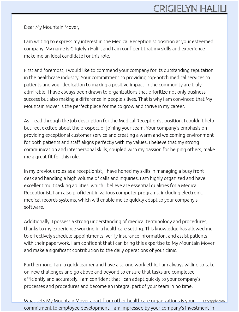 Medical Receptionist At My Mountain Mover Cover Letter