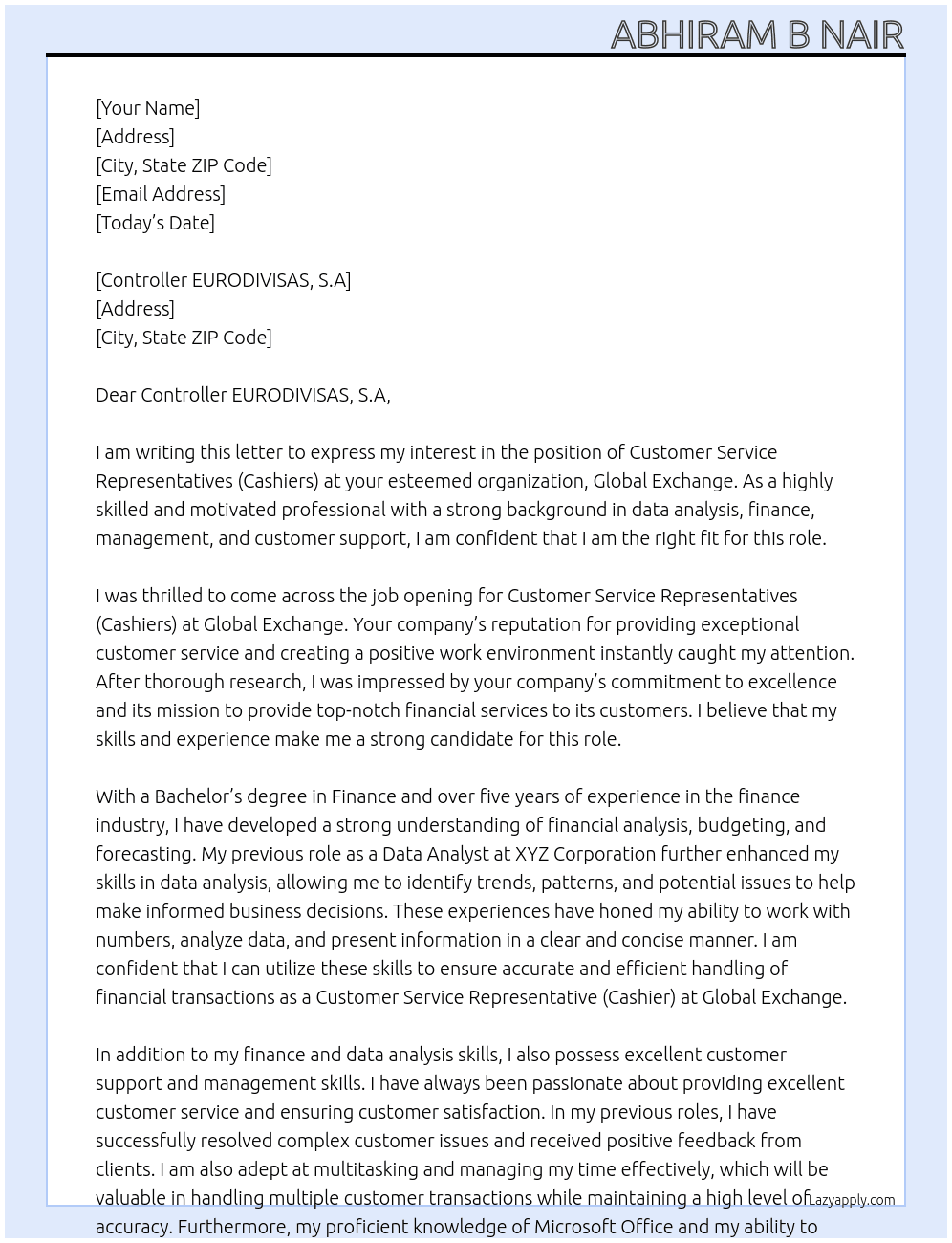 CUSTOMER SERVICE REPRESENTATIVES (CASHIERS)  At GLOBAL EXCHANGE  Cover Letter