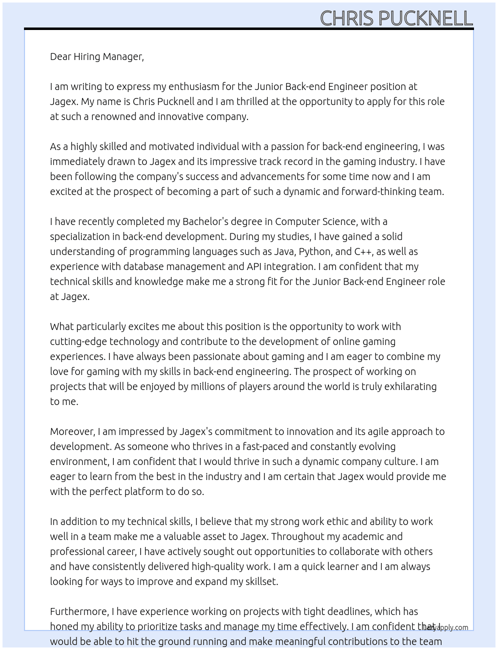 Junior Back-end Engineer - 5 month FTC At Jagex Cover Letter