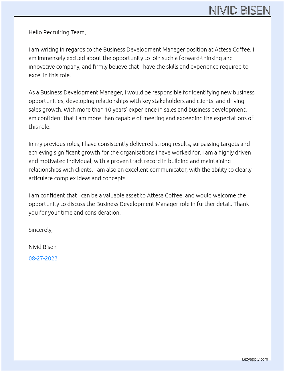 Business Development Manager At Attesa Coffee Cover Letter