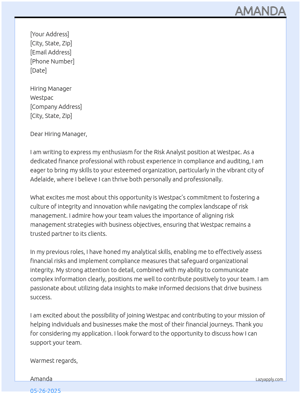 Risk Analyst At Westpac Cover Letter