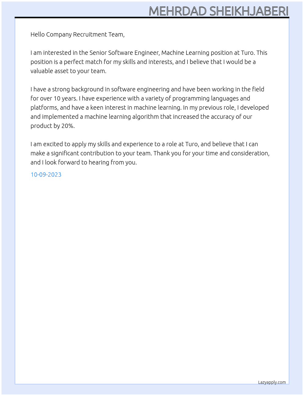 Senior Software Engineer, Machine Learning At Turo Cover Letter