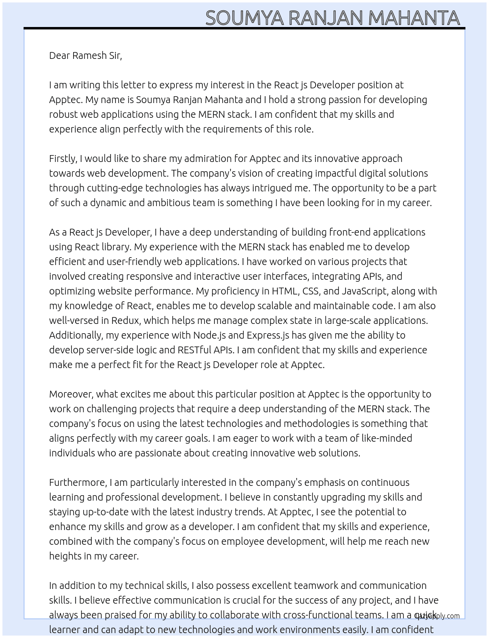 React js developer  At Apptec Cover Letter