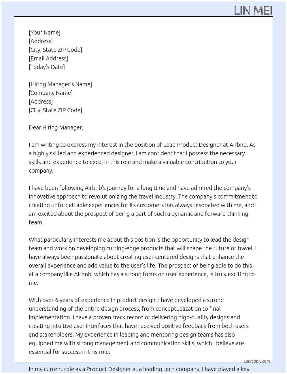Lead product designer At airbnb Cover Letter