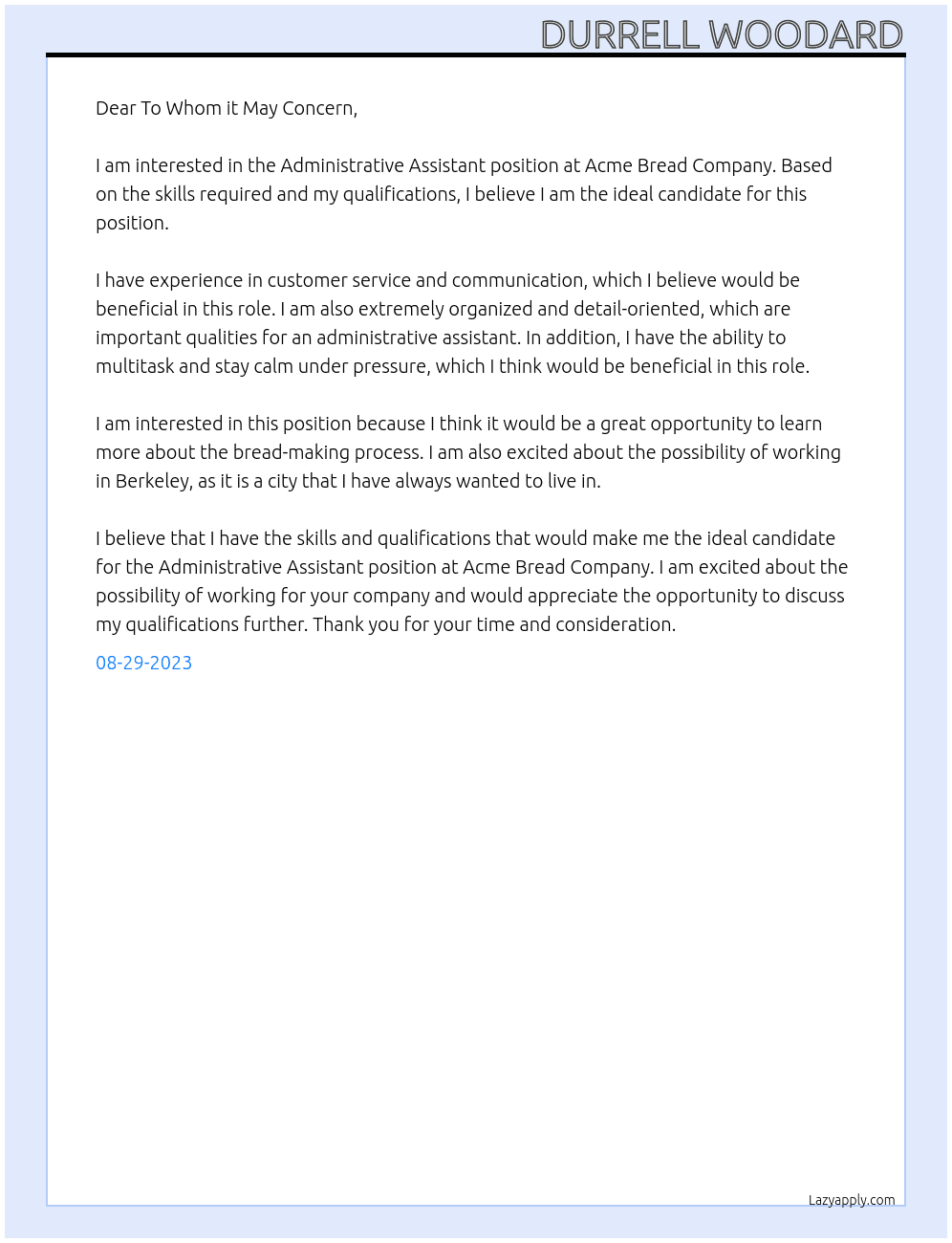 Administrative Assistant At Acme Bread Company Cover Letter