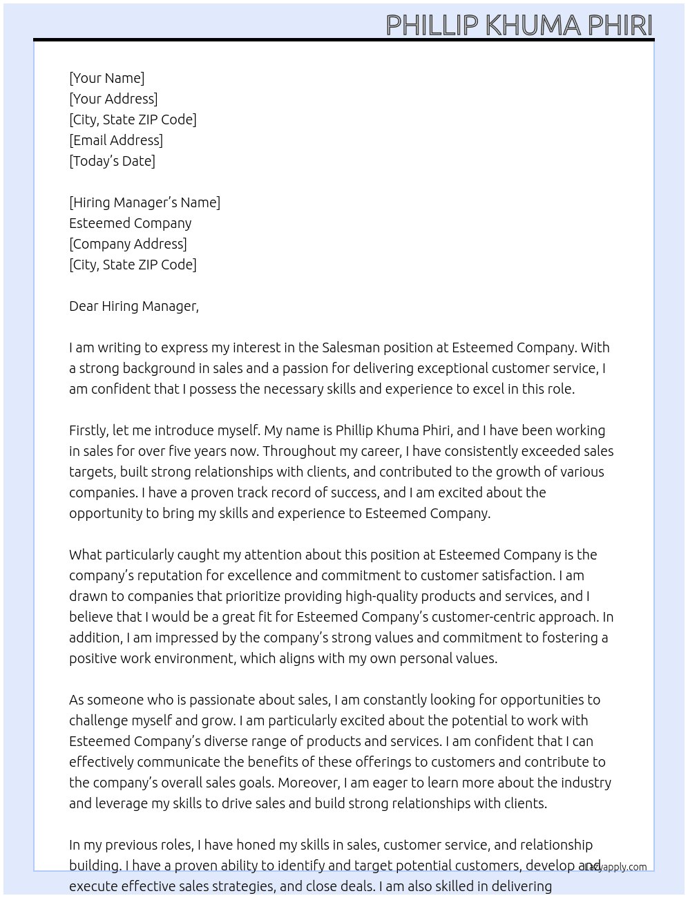 Salesman At Esteemed Company Cover Letter