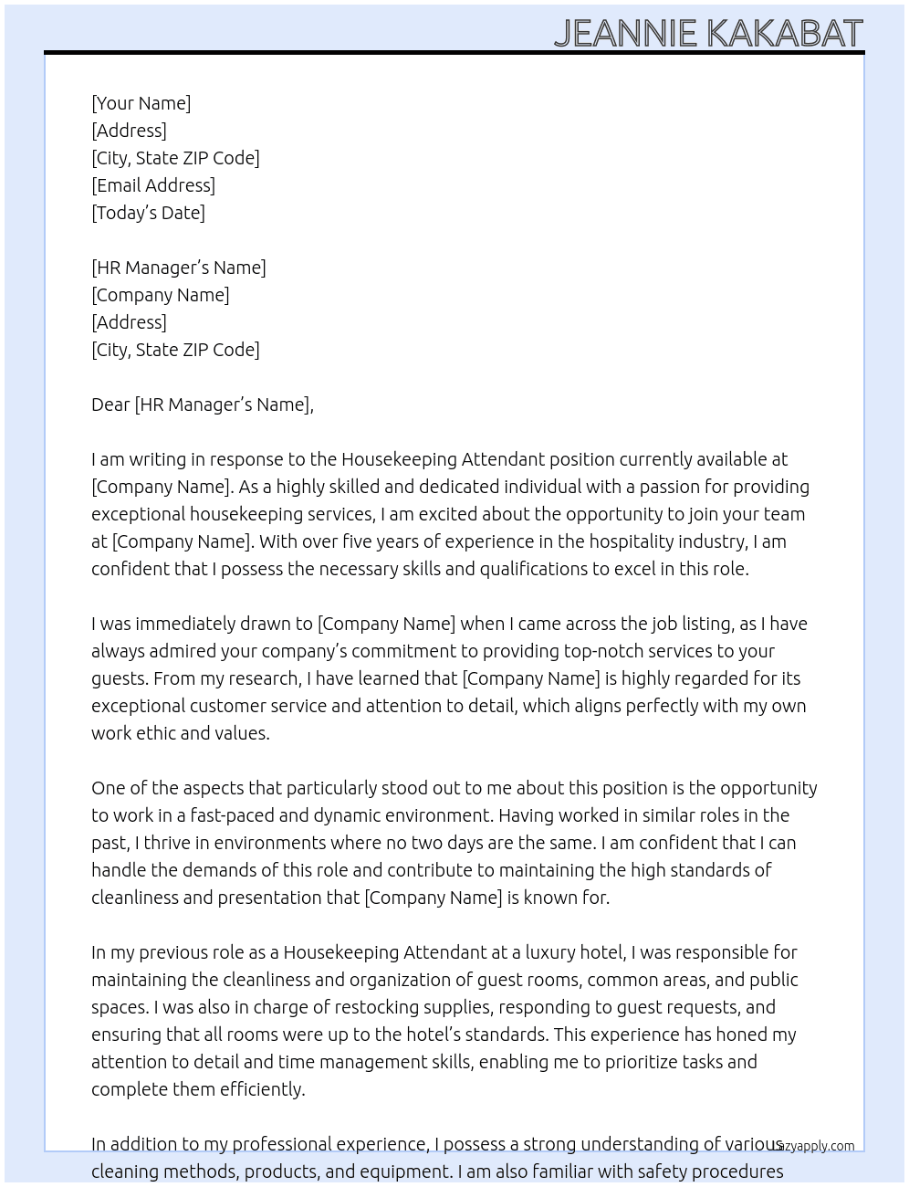 House Keeping attendant At CHBSSJB Cover Letter