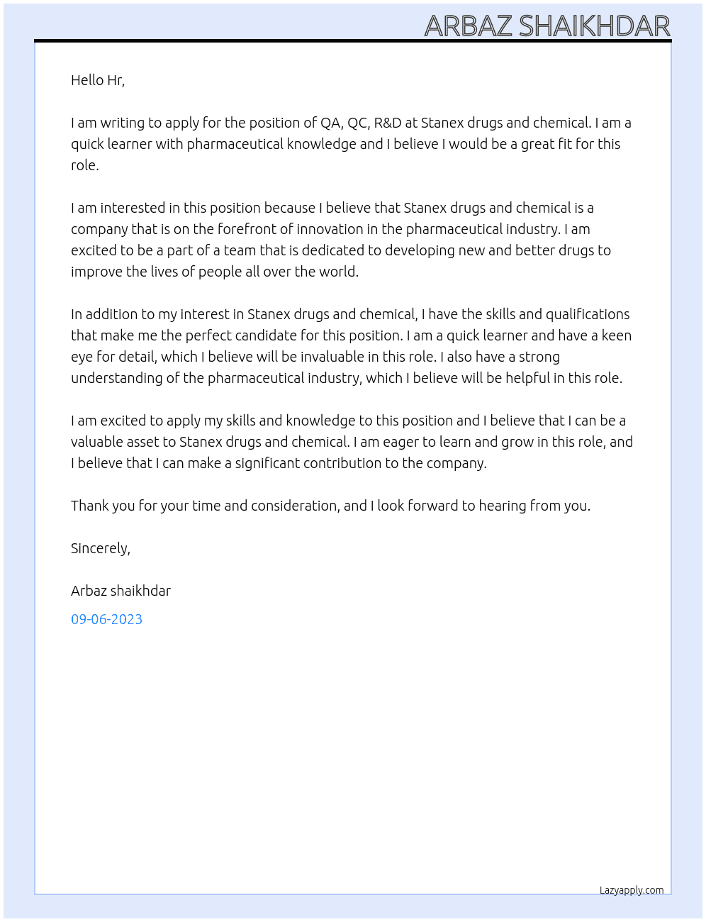 QA, QC, R&D  At Stanex drugs and chemical Cover Letter