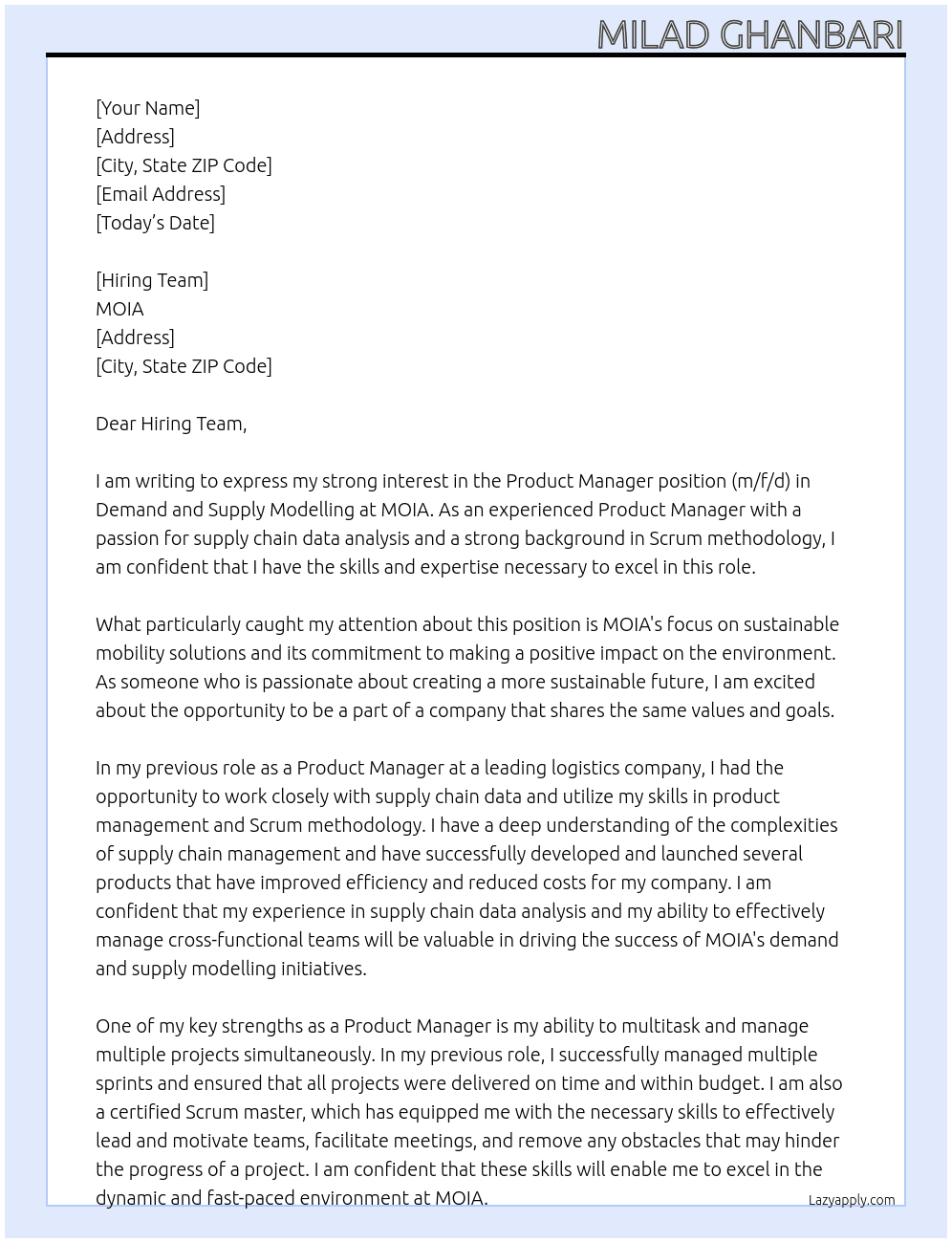 Product Manager (m/f/d) in our Demand and Supply Modelling At MOIA  Cover Letter