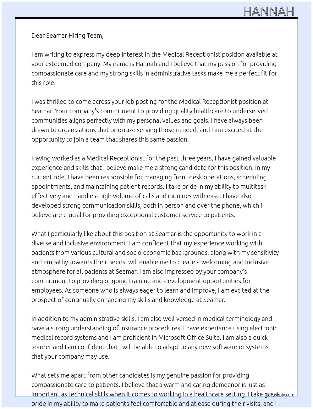 Medical Receptionist  At Seamar  Cover Letter