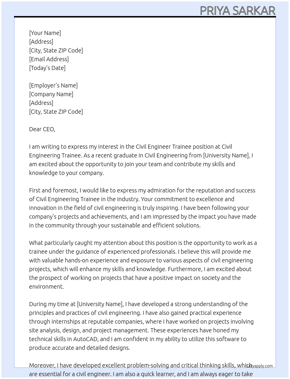 Civil engineer trainee At Civil engineering trainee Cover Letter